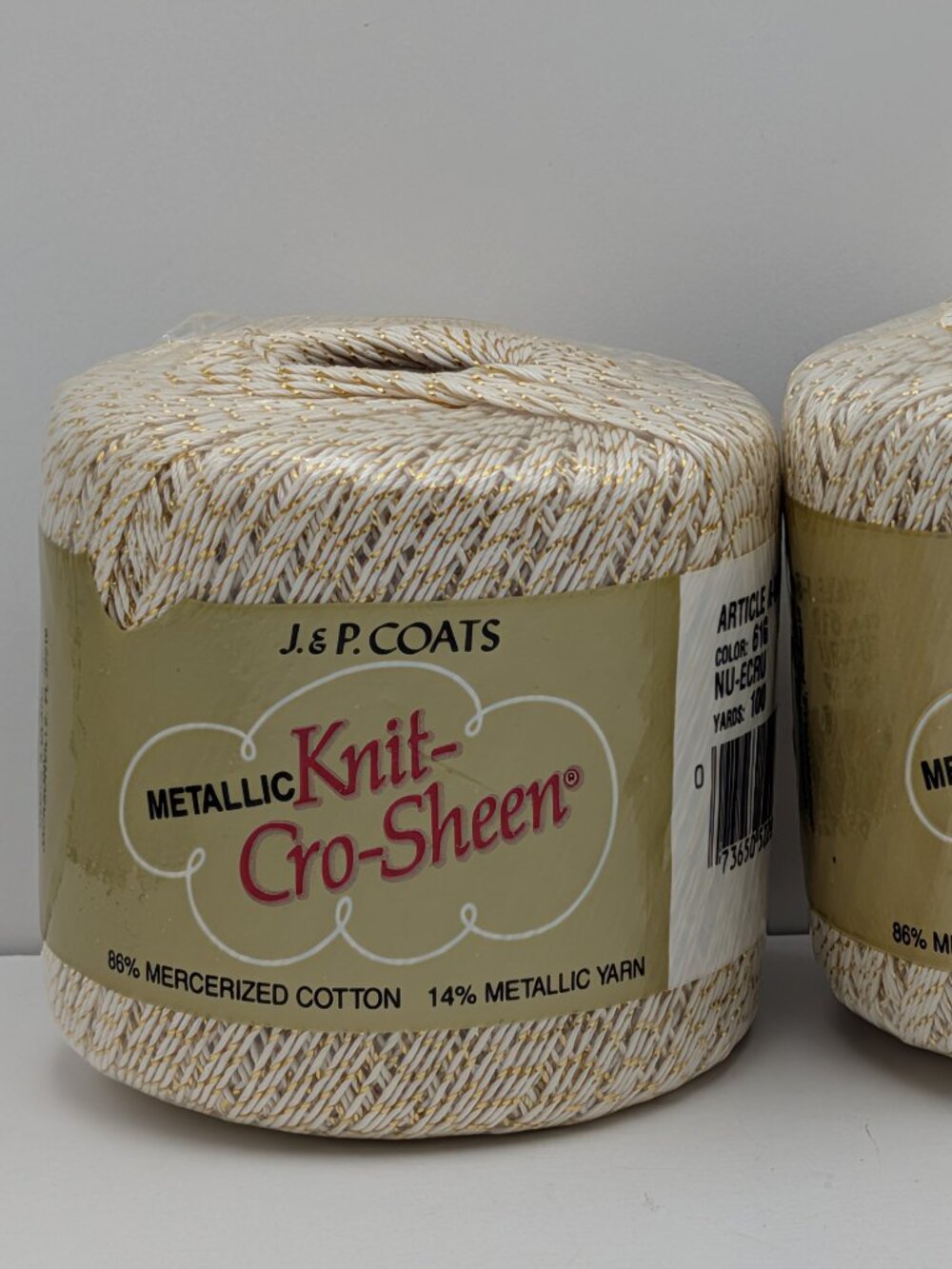 2x J & P Coats Metallic Knit-Cro-Sheen 61G NU-ECRU Size 10 Thread ECRU w/ GOLD